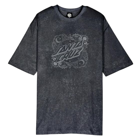 WOMEN OVERSIZED ORNATE DOT FRONT TEE BLACK ACID WASH