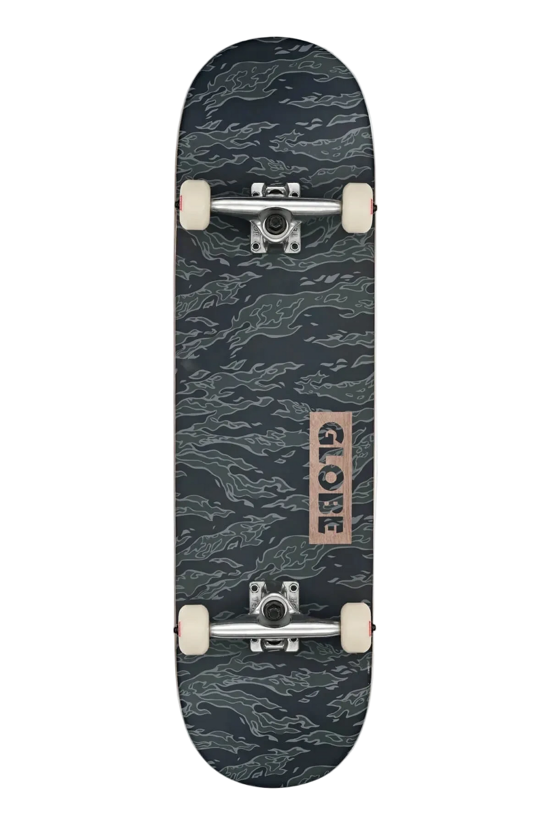 Globe Skateboard with a camouflage pattern on a white background