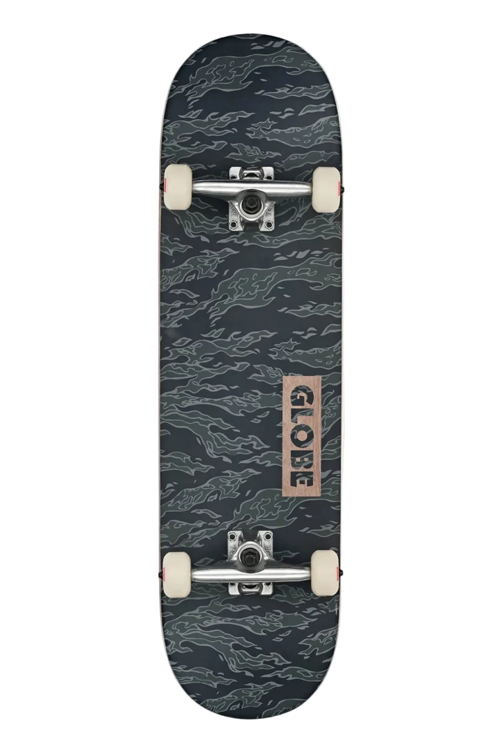 Globe Skateboard with a camouflage pattern on a white background