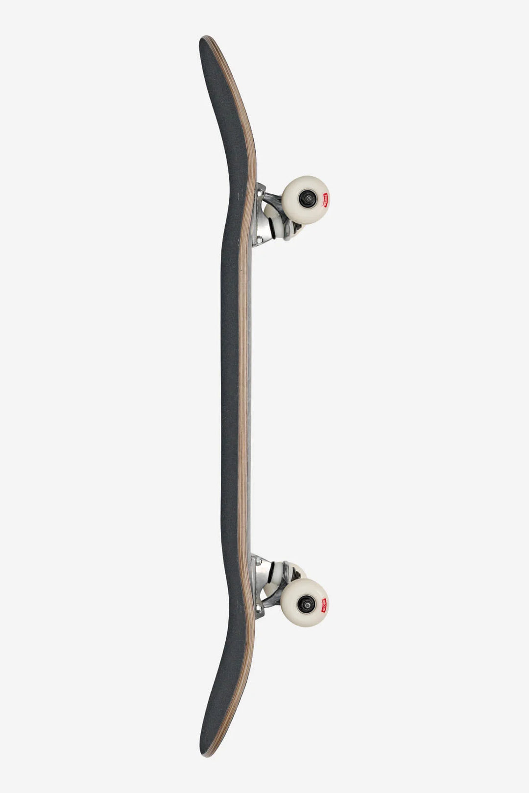Globe Skateboard with a black deck and white trucks on a white background
