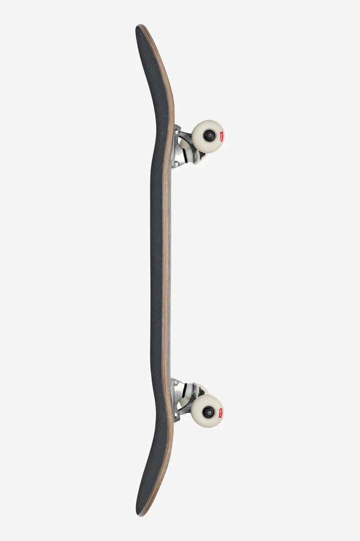 Globe Skateboard with a black deck and white trucks on a white background