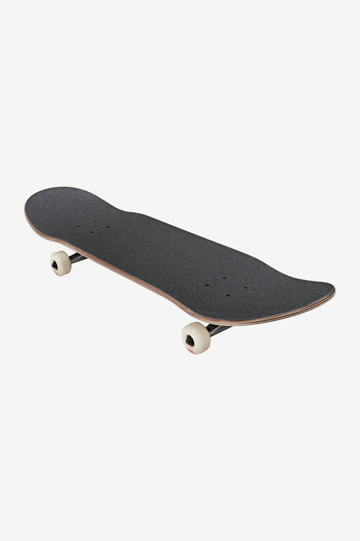 Globe Skateboard with black deck and white wheels on a white background
