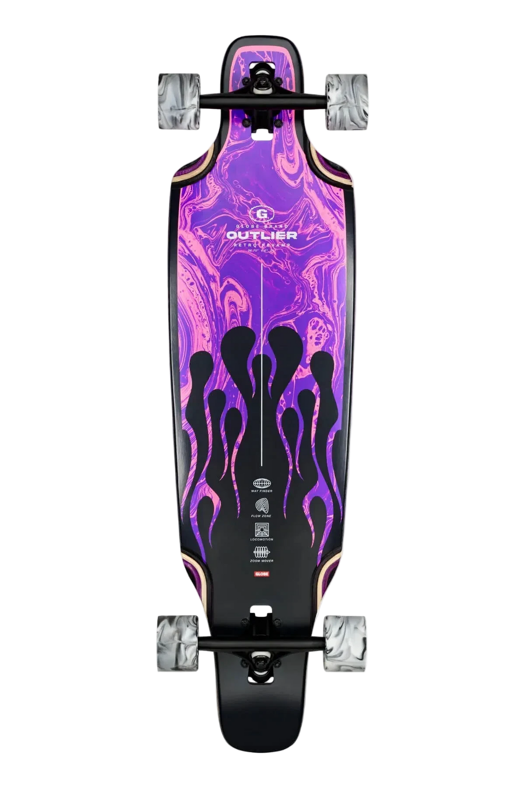 Longboard with purple flame design on a white background