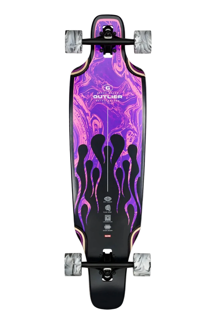 Longboard with purple flame design on a white background