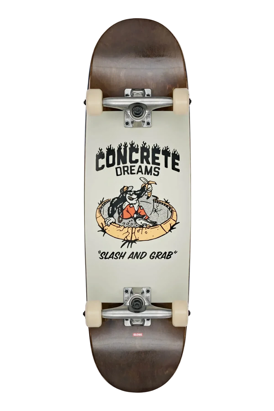 Skateboard deck with 'Concrete Dreams' and 'Slash and Grab' graphics on a white background