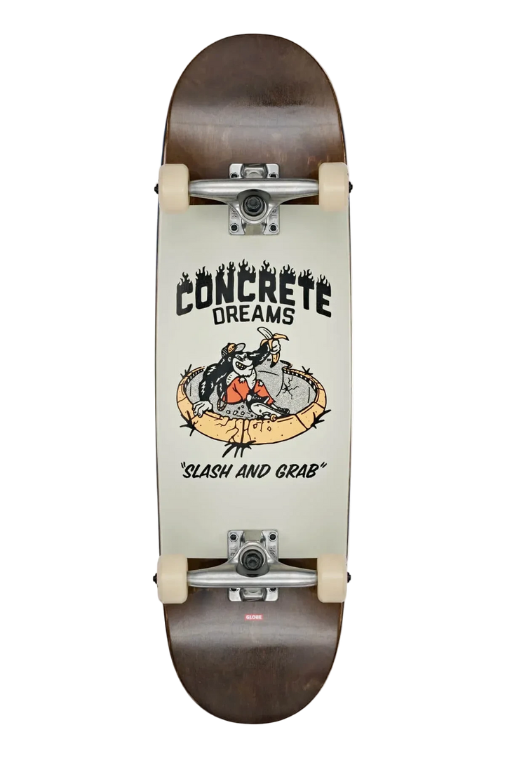 Skateboard deck with 'Concrete Dreams' and 'Slash and Grab' graphics on a white background