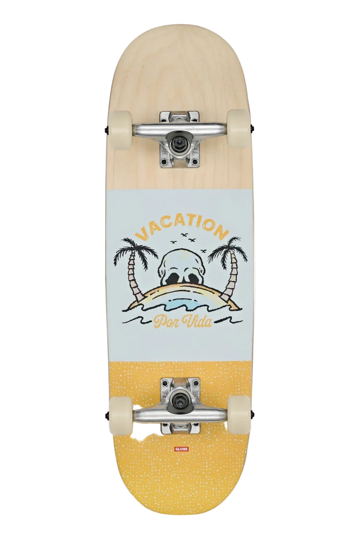 Skateboard with a design of a palm tree and text on a light blue background