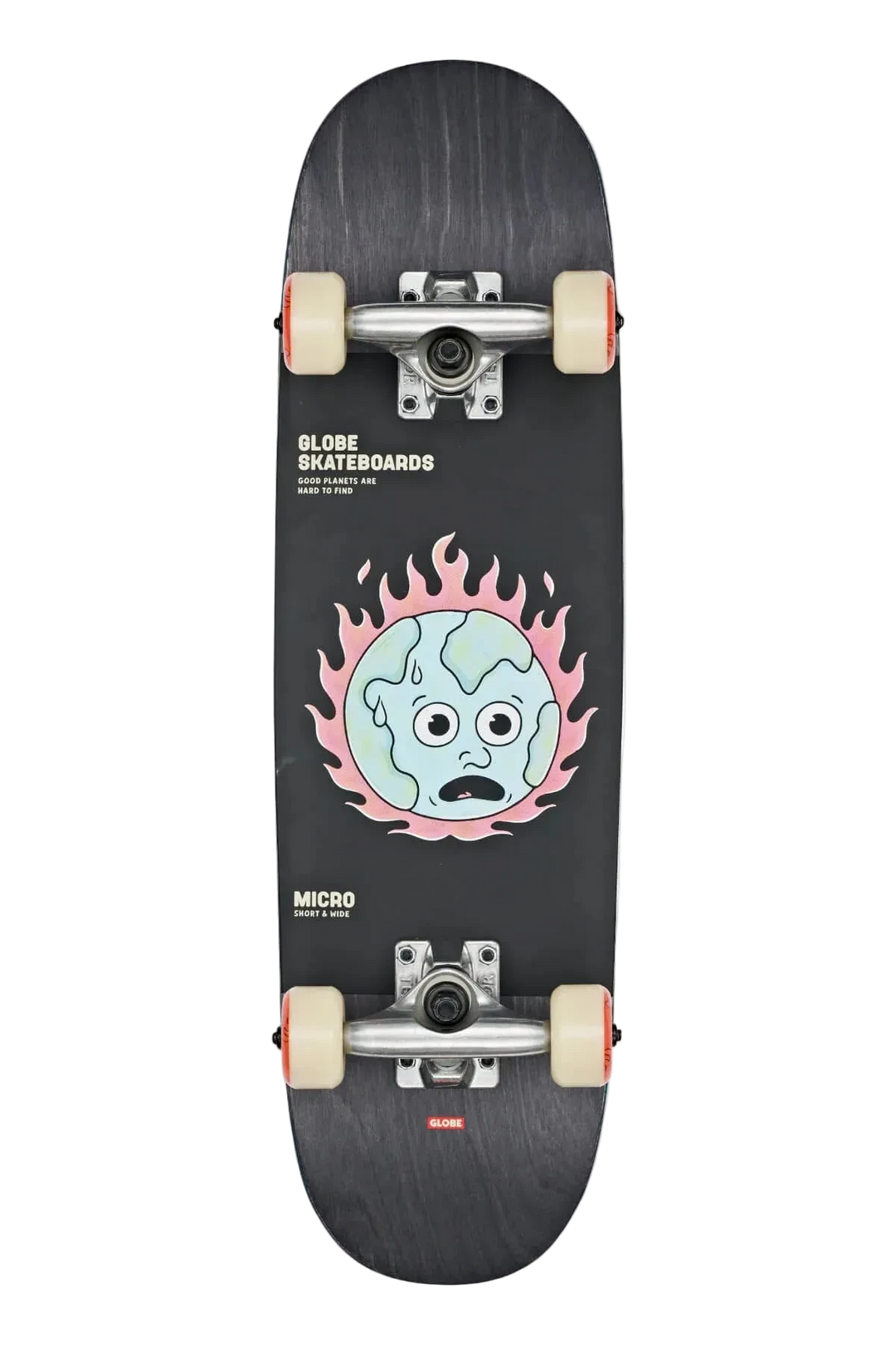 Globe Black skateboard with a graphic design on a white background complete 
