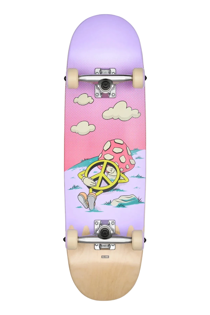 Skateboard with a colorful design featuring a mushroom, peace symbol, and cloud on a pink and purple gradient background.