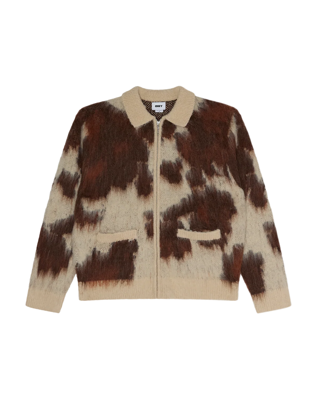 COW PATTERN ZIP SWEATER
