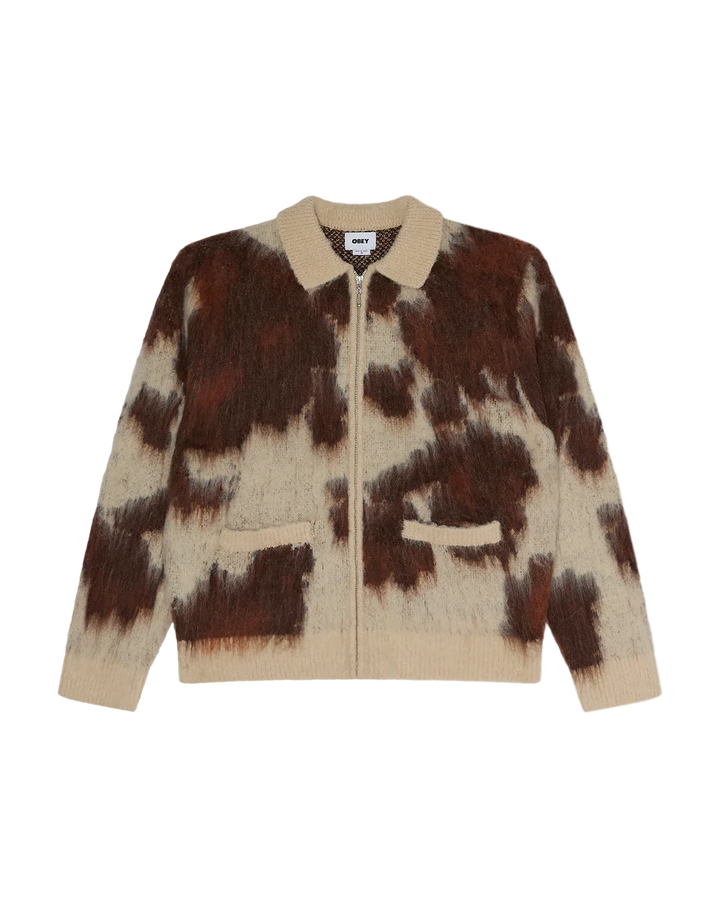 COW PATTERN ZIP SWEATER