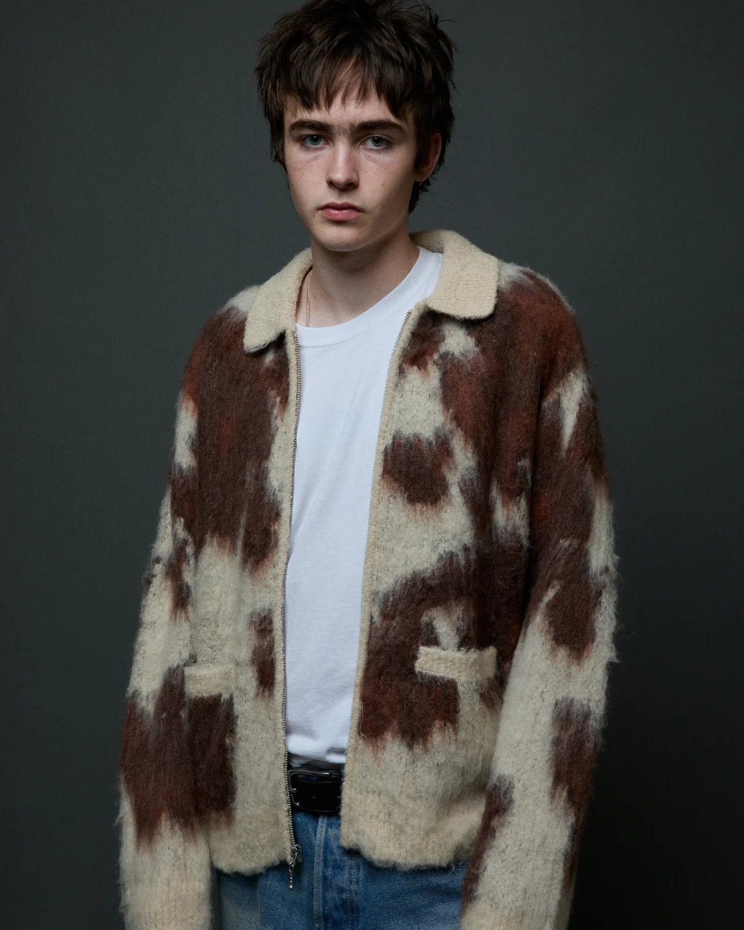 COW PATTERN ZIP SWEATER