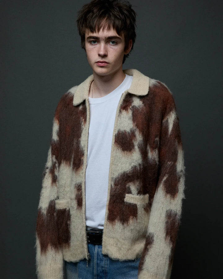 COW PATTERN ZIP SWEATER