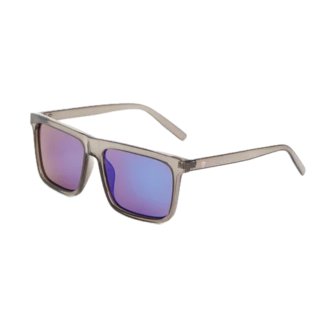 Sunglasses with purple lenses and a gray frame 