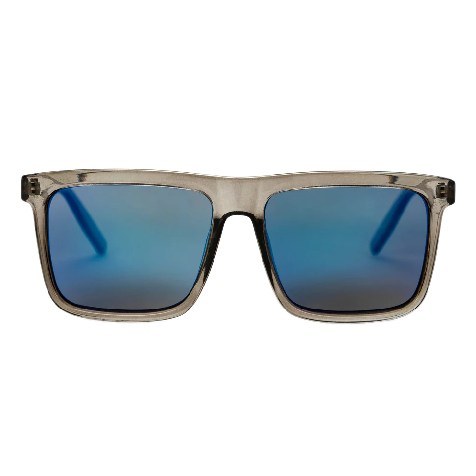 Sunglasses with blue gradient lenses and a clear frame 
