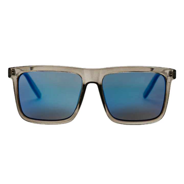 Sunglasses with blue gradient lenses and a clear frame 