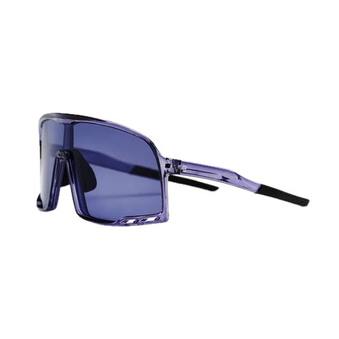 Sunglasses with a purple frame and blue lenses 