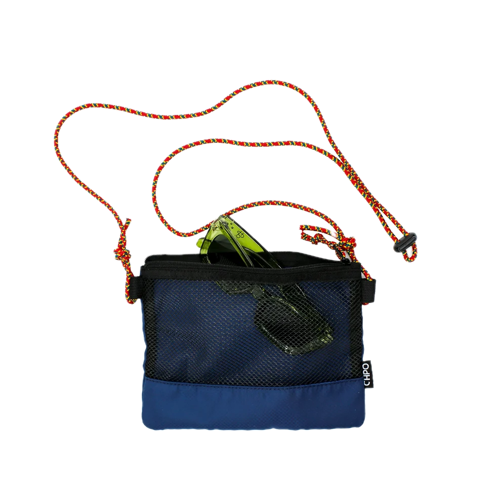 Blue pouch with a red and green rope 