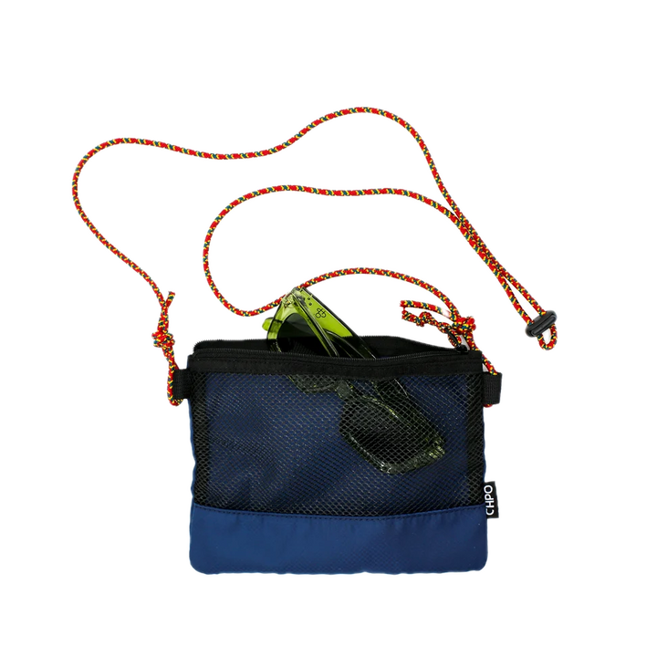 Blue pouch with a red and green rope 