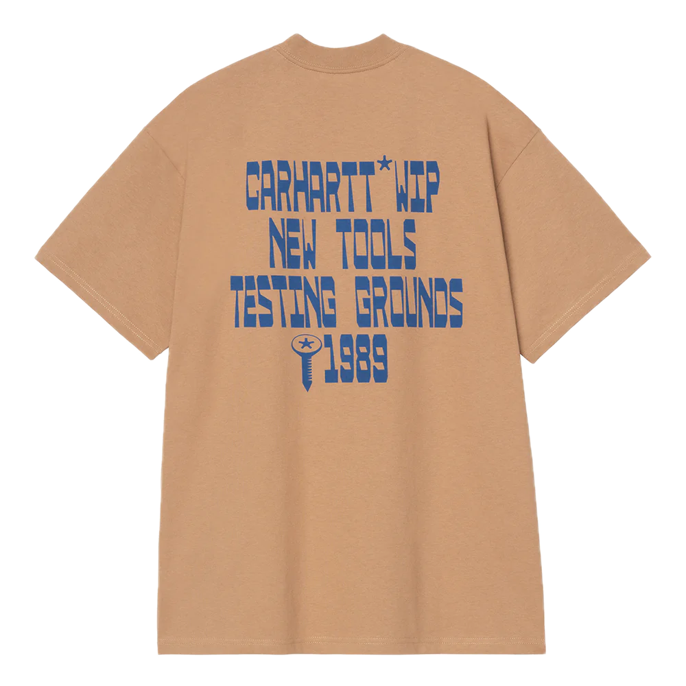 Beige t-shirt with blue text on the back