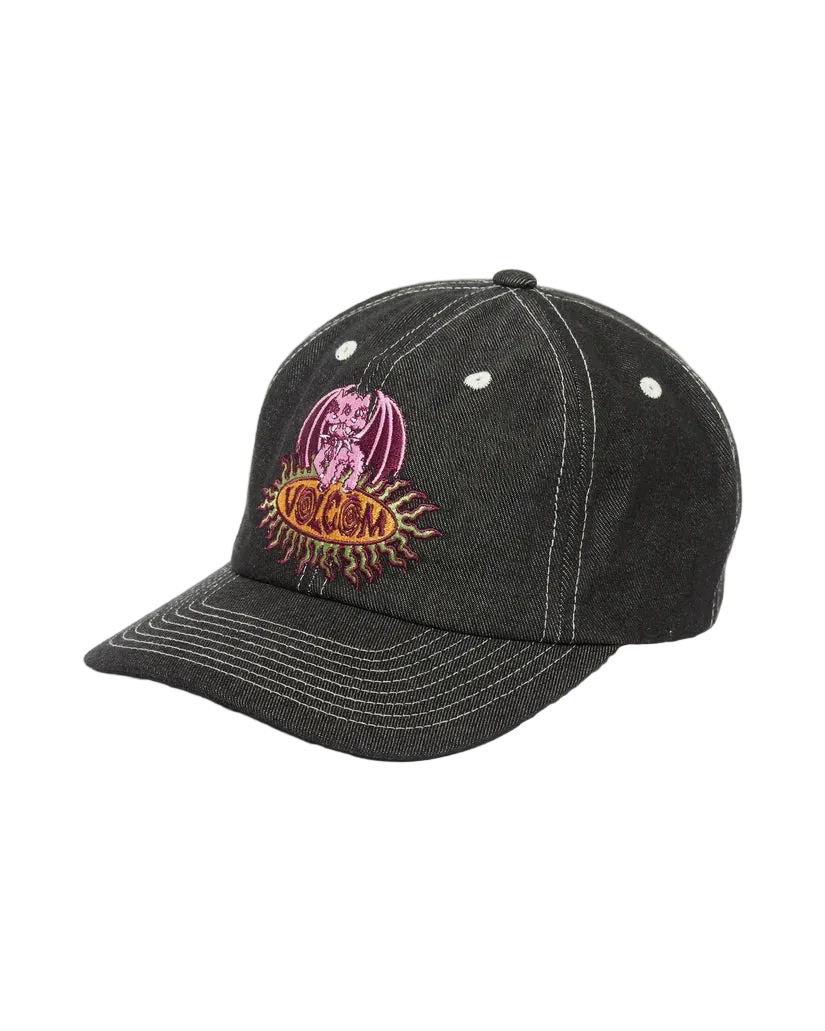 Black denim cap with embroidered design