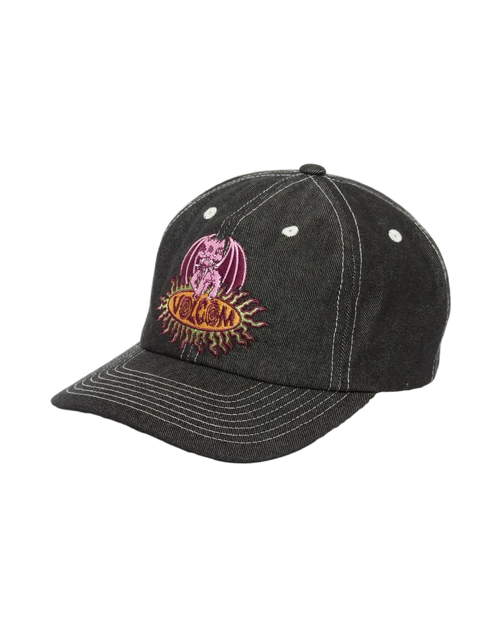 Black denim cap with embroidered design