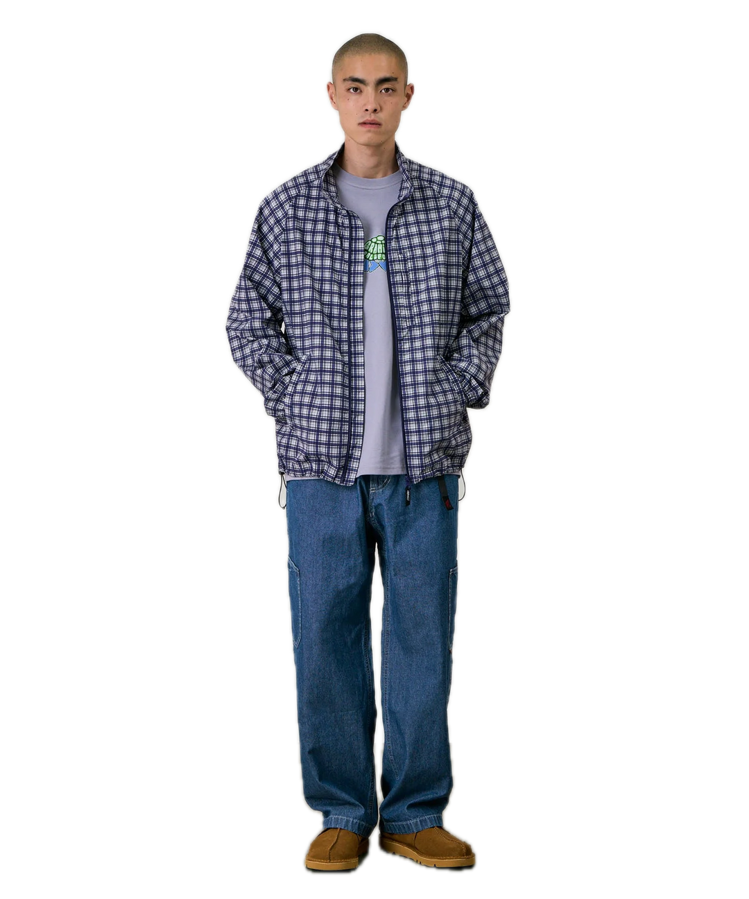 Person wearing a checkered shirt, gray t-shirt, blue jeans, and brown shoes 