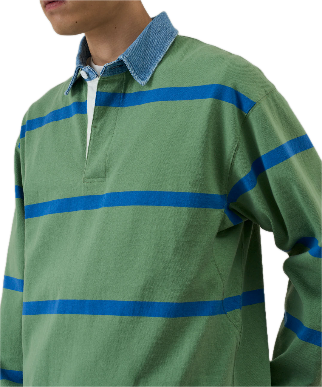 Green rugby shirt with blue stripes 