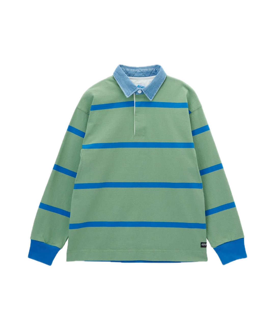 Green rugby shirt with blue stripes
