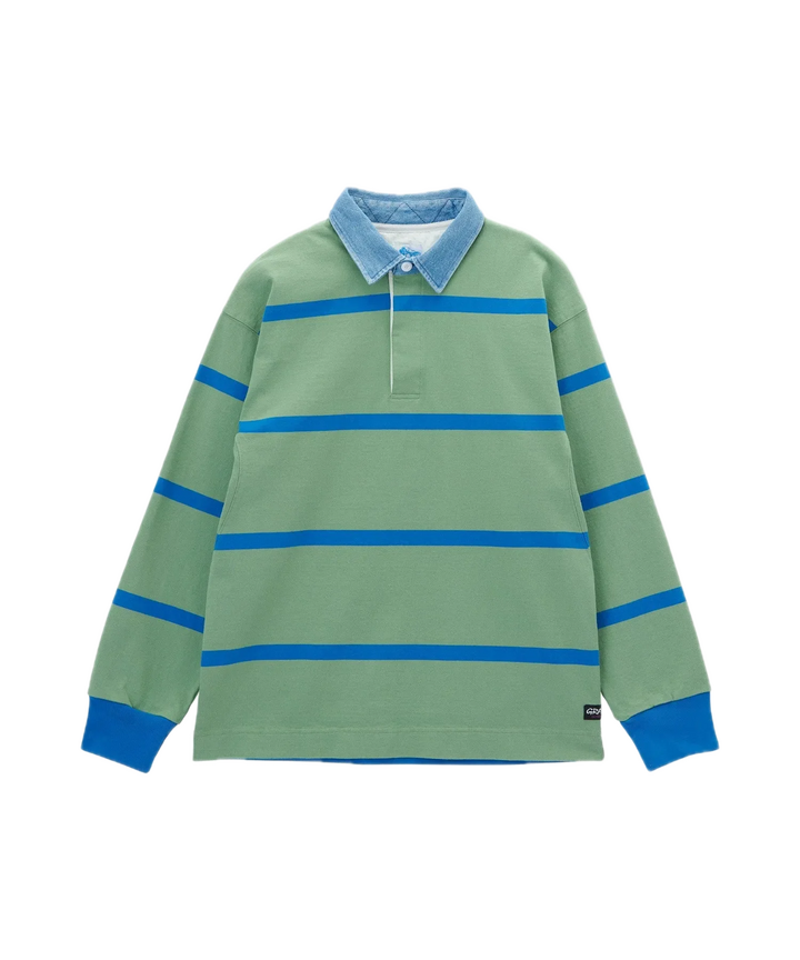 Green rugby shirt with blue stripes