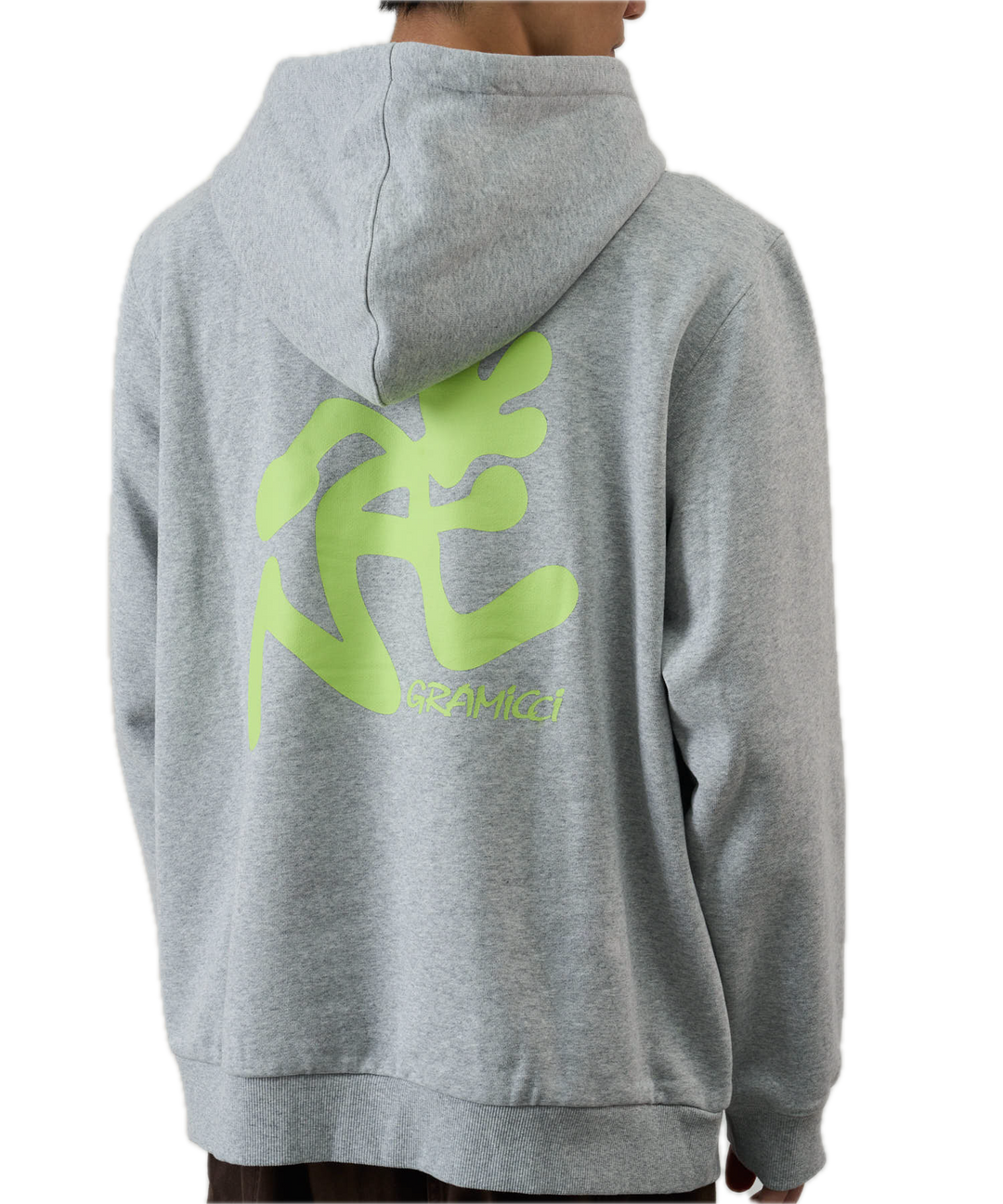Gray hoodie with a green logo on the back 