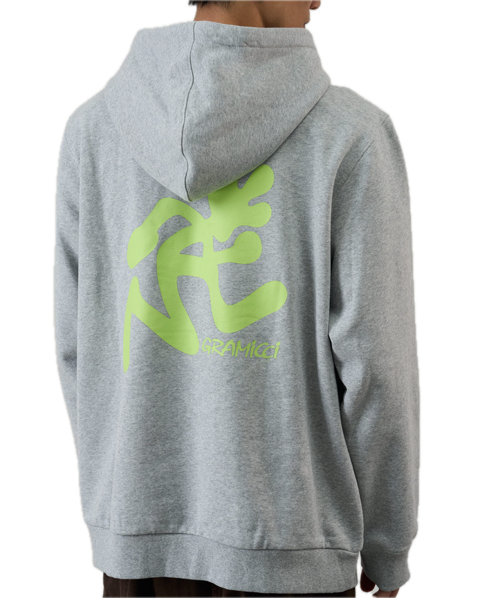 Gray hoodie with a green logo on the back 