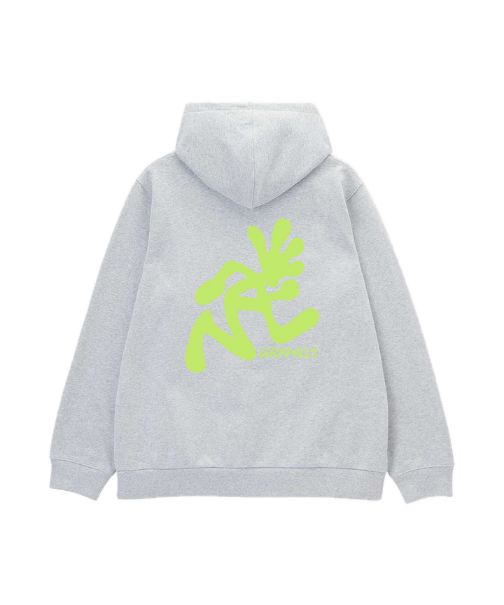 Gray hoodie with green logo on the back 