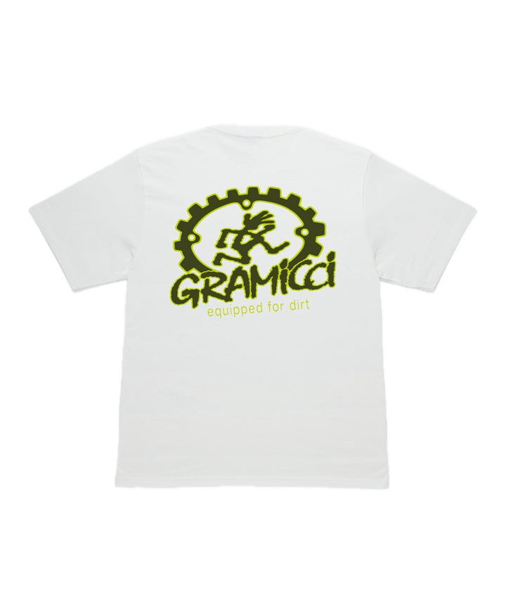 White t-shirt with yellow graphic and text 