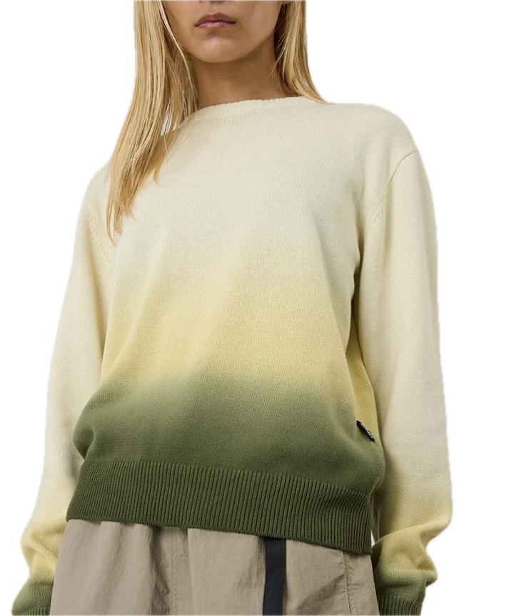 Person wearing a gradient sweater with beige, green, and brown colors 