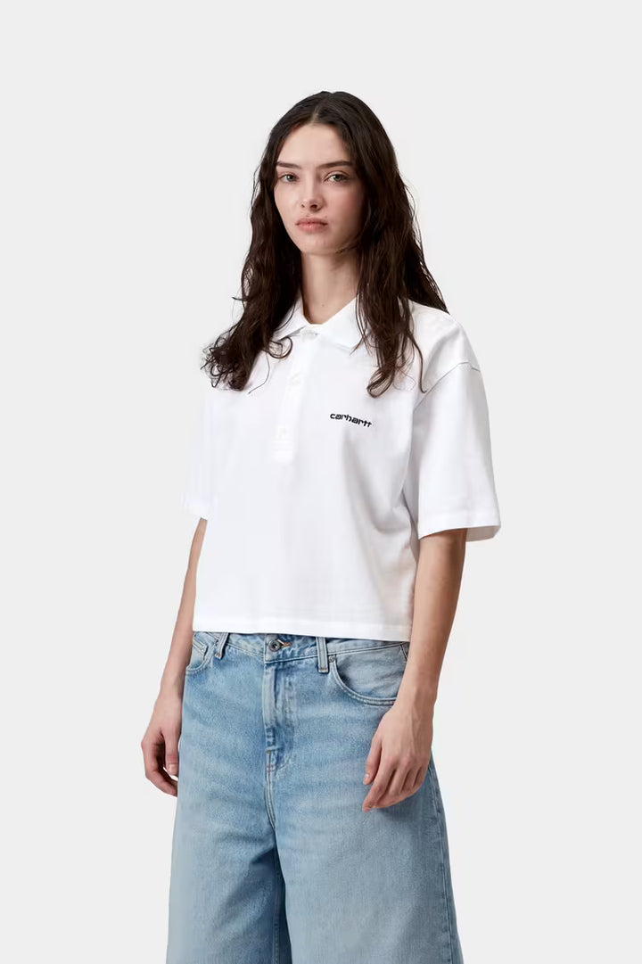 CARHARTT W'SCRIPT POLO T-SHIRT WHITE/BLACK FIT CLOSE UP