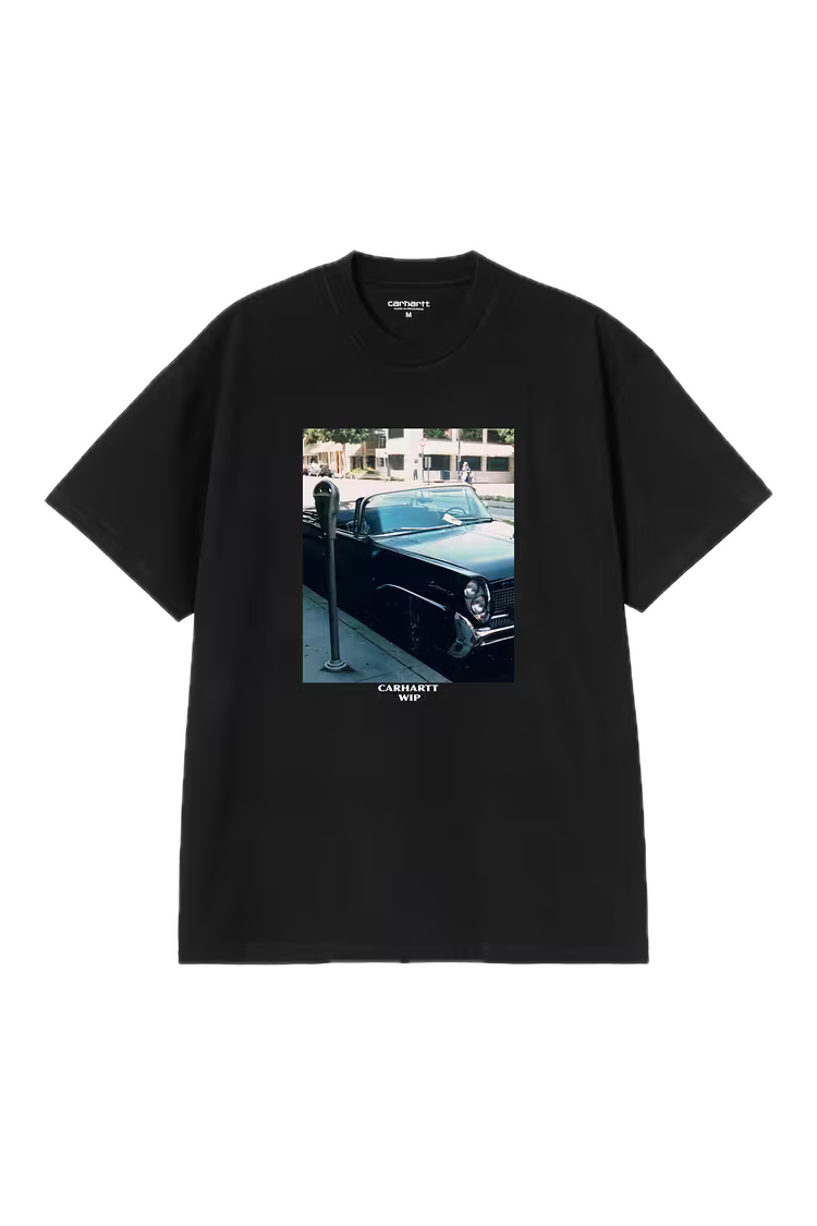 Black t-shirt with a graphic of a car and parking meter 