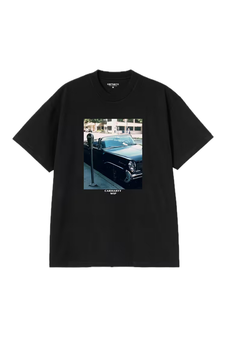 Black t-shirt with a graphic of a car and parking meter 