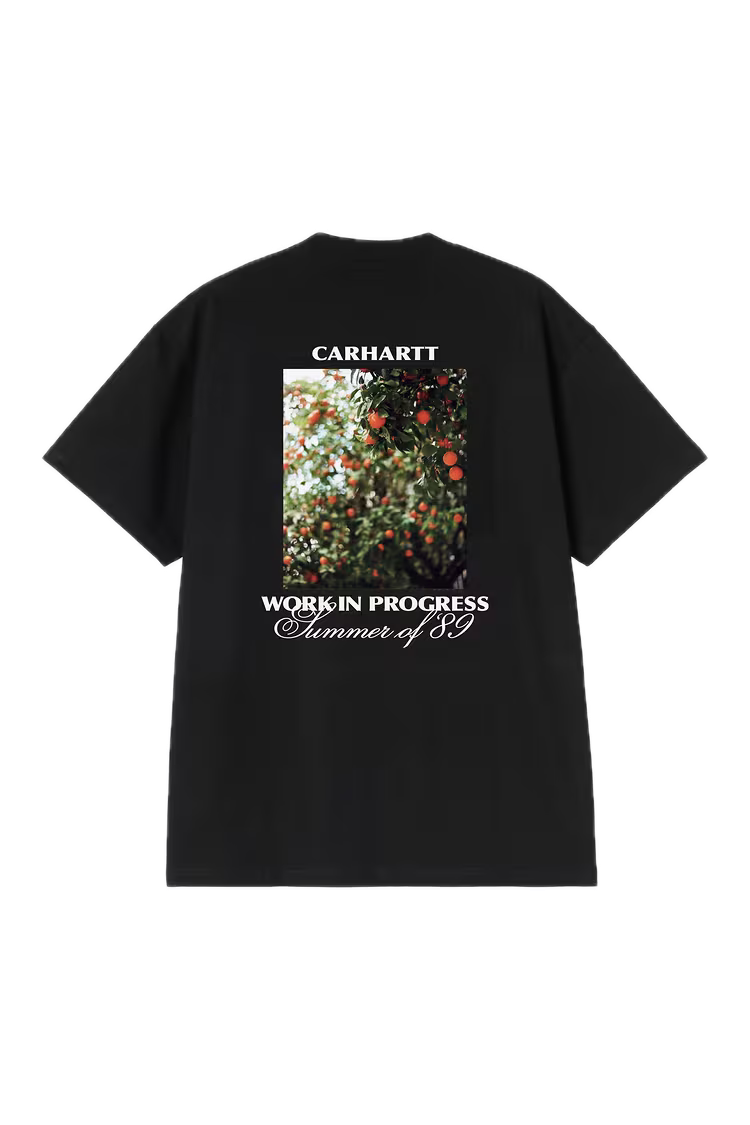 Black t-shirt with Carhartt branding and a floral design on the back