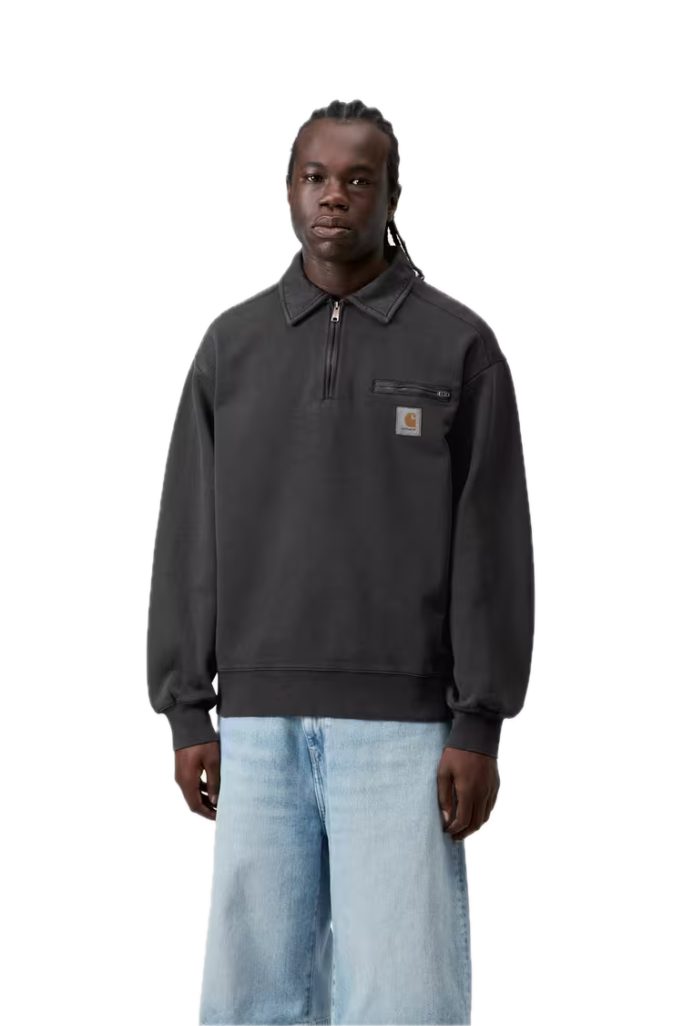 CARHARTT HALF ZIP DETROIT CREWNECK BLACK STONE WASHED FIT CLOSE UP