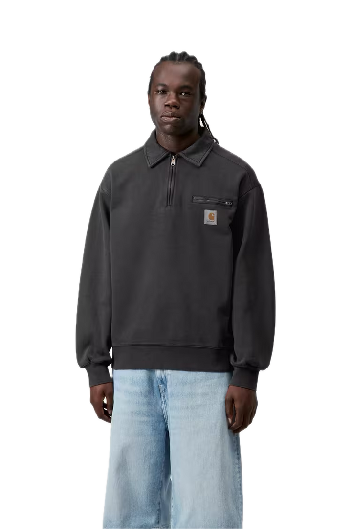 CARHARTT HALF ZIP DETROIT CREWNECK BLACK STONE WASHED FIT CLOSE UP