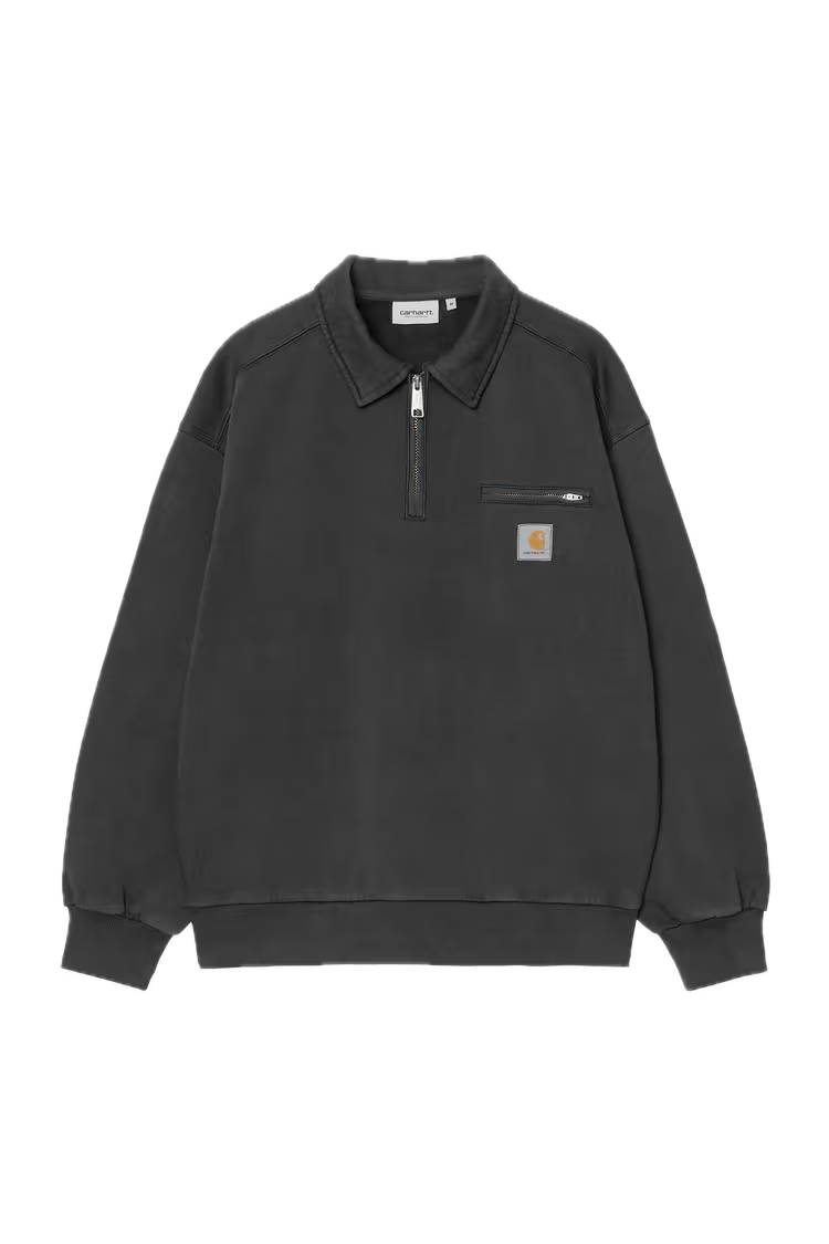 CARHARTT HALF ZIP DETROIT CREWNECK BLACK STONE WASHED FRONT