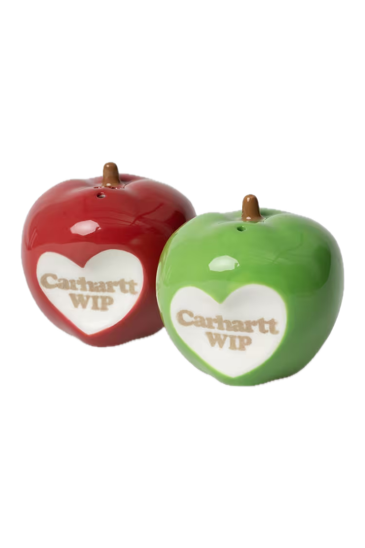 Red and green apple-shaped salt and pepper shakers with 'Carhartt WIP' text
