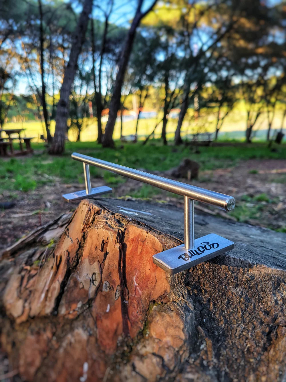 Metal handle on a wooden log with a blurred natural background
