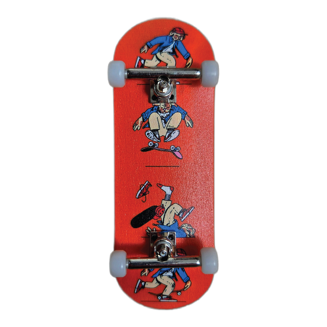 Red skateboard with cartoon character design 
