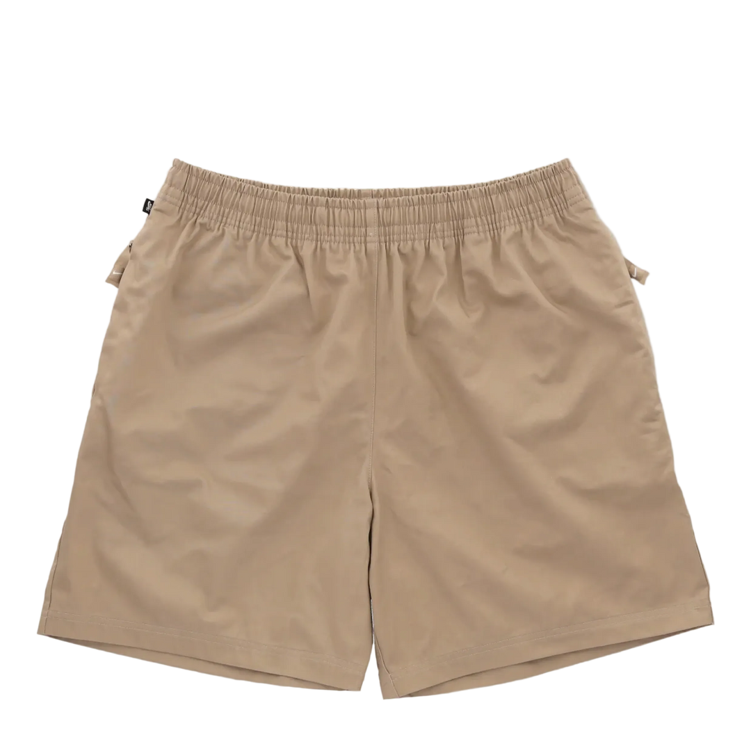 A pair of beige elastic-waist shorts with side pockets, laid flat on a white background.