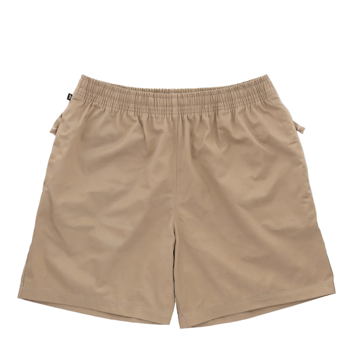 A pair of beige elastic-waist shorts with side pockets, laid flat on a white background.