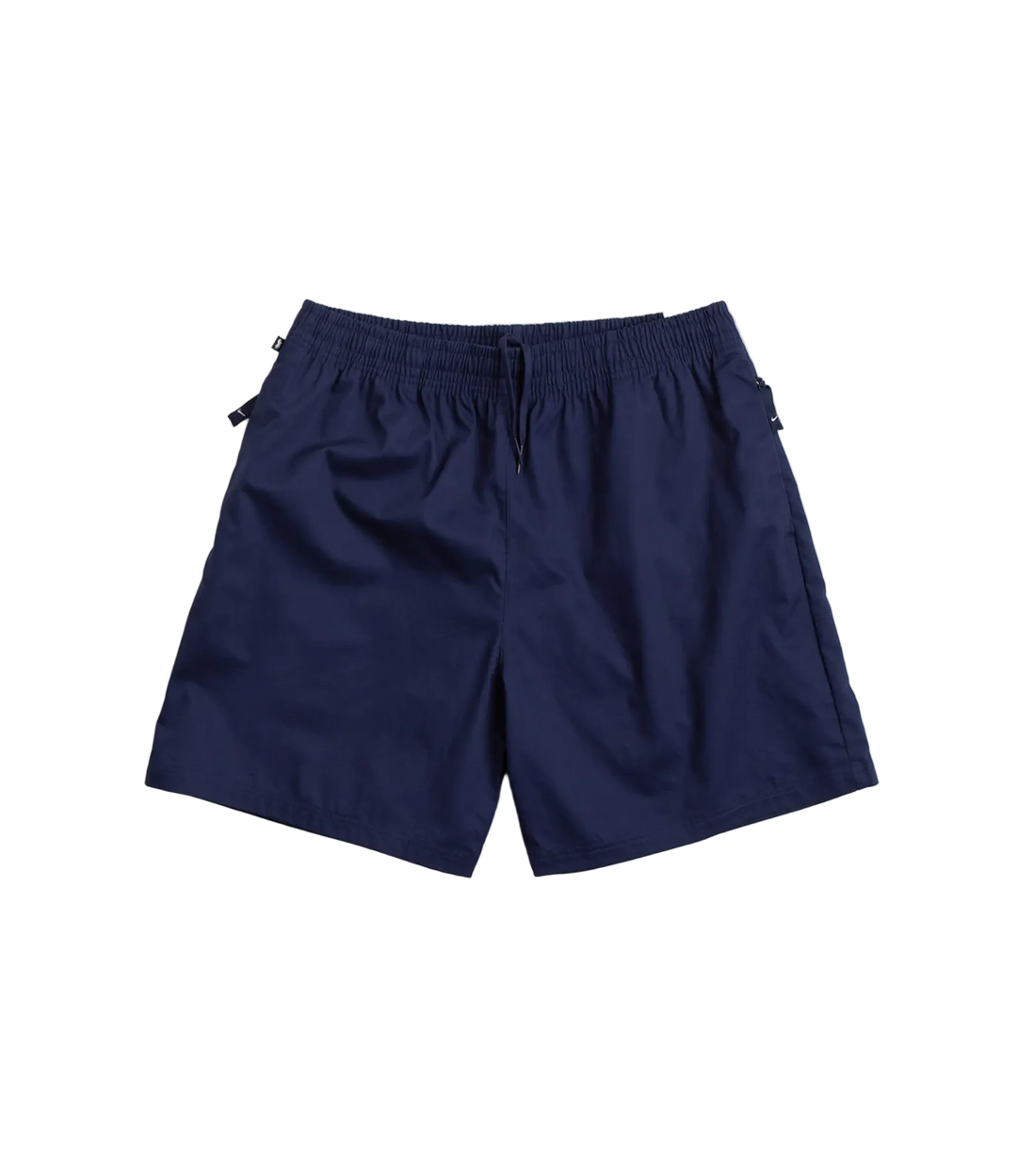 Navy blue athletic shorts with an elastic waistband and drawstring, laid flat on a light gray background.