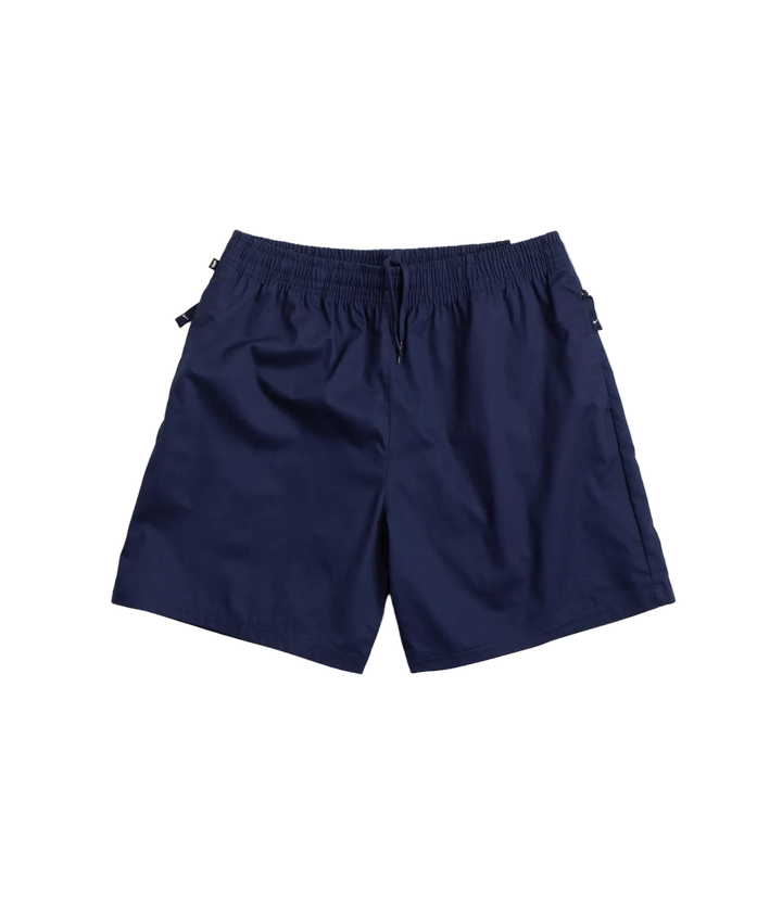 Navy blue athletic shorts with an elastic waistband and drawstring, laid flat on a light gray background.