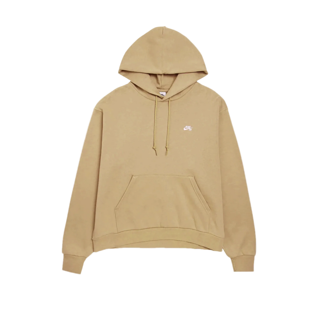 Beige hoodie with a small logo on a white background
